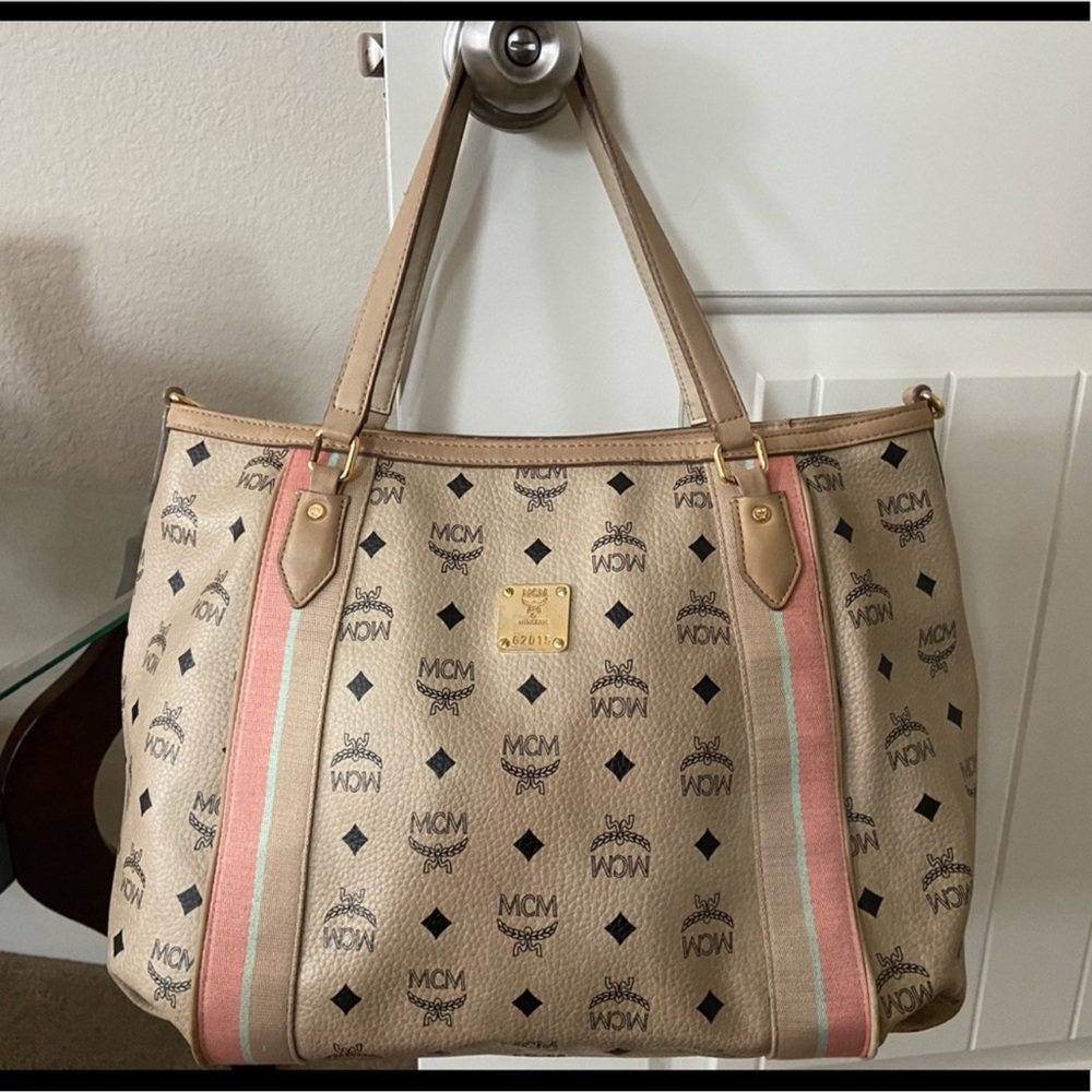MCM Cream and Pink Visetos Tote Bag